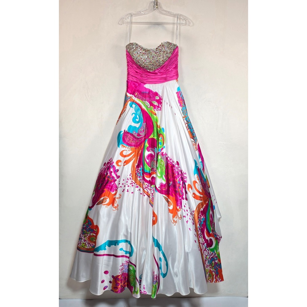 Jovani Maxi Dress Women's 2 White Pink Beaded Rhinestone Formal Prom Gown Y2K - Picture 2 of 16
